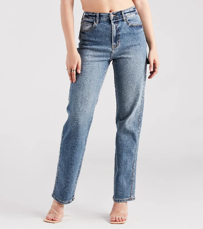 women's distressed denim jeans with holesHit The Jackpot Mid-Rise Straight-Leg Denim Jeans