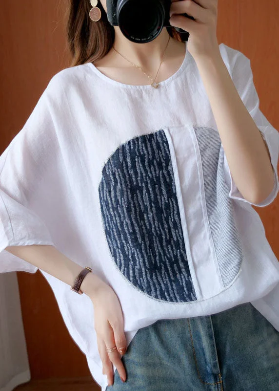 women's tops for those who love bold and vibrant colorsOversized White O Neck Patchwork Cotton T Shirt Top Summer