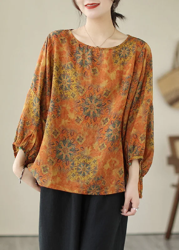 silk women's topslus Size Orange Oversized Print Cotton Shirt Tops Lantern Sleeve